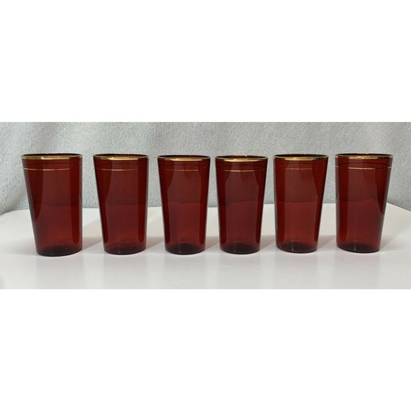 1930s Vintage RARE Ruby Red Glass Tumblers handpainted gold trim Qty 6